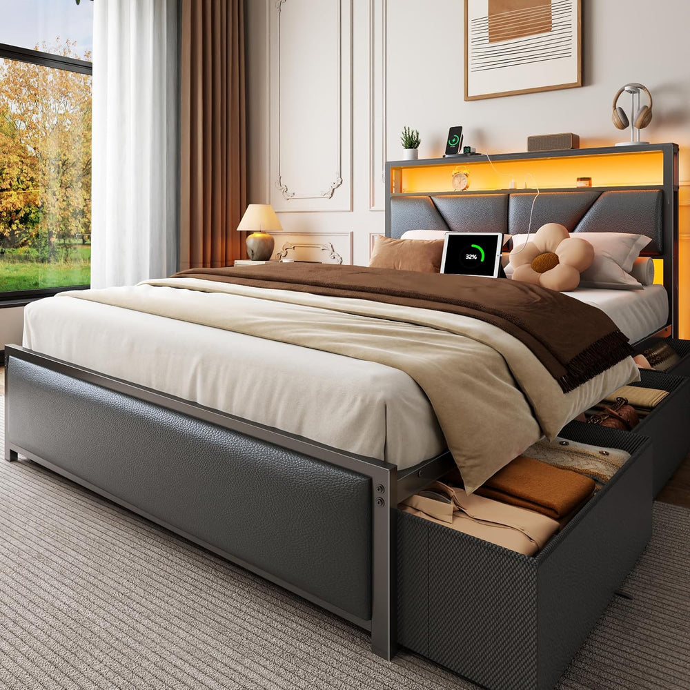 OURPIC Full Size Bed Frame with Storage Headboard, 6 Drawers, LED&Charging
