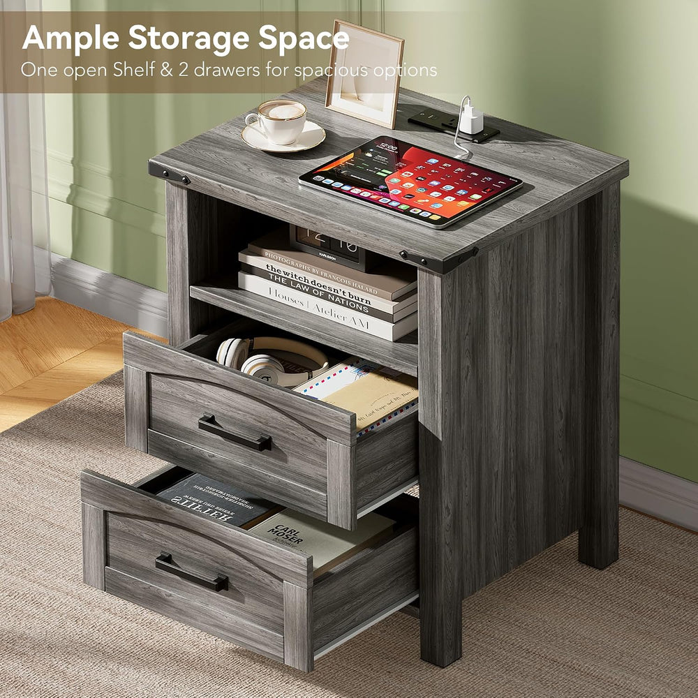Decofy Farmhouse Nightstand Set of 2 with Charging Station, 2 Drawers