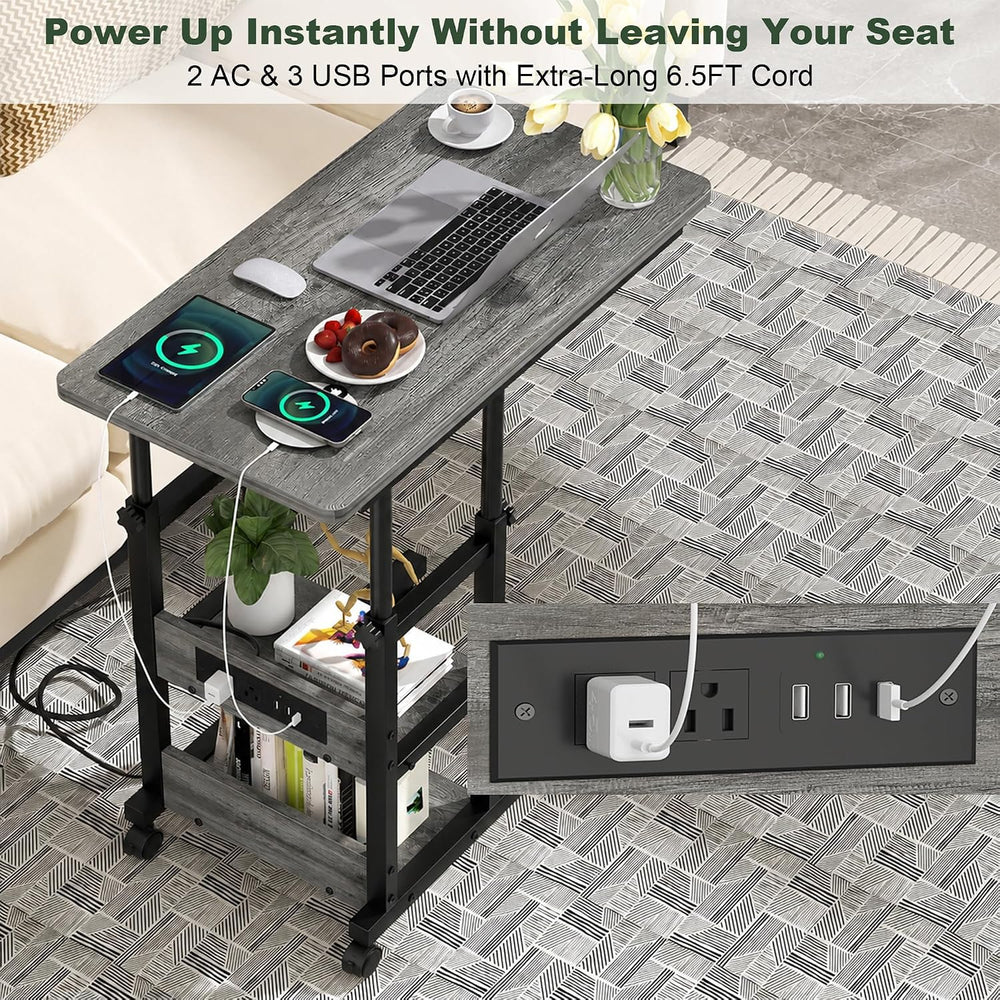 Rolling C Shaped End Table with Charging Station for Couch, Height Adjust