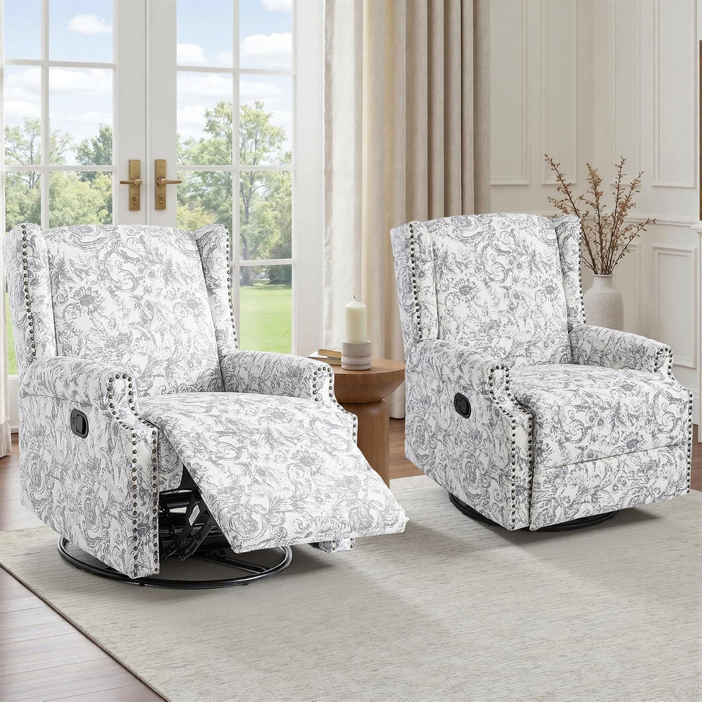 Swivel Rocker Recliner Chair, Rococo Wingback Armchair, Light Gray