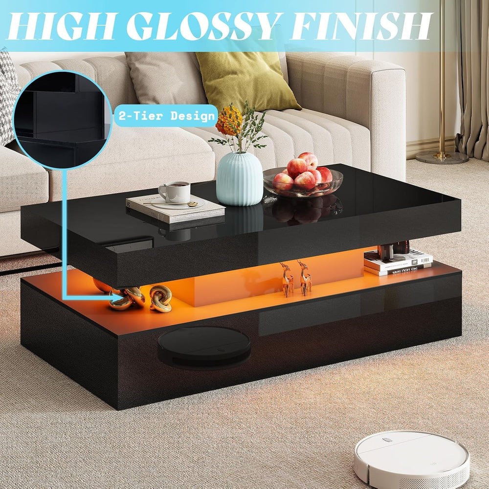 AMERLIFE 3-Piece High Gloss Living Room Table Set with LED Lights, Modern Cof...
