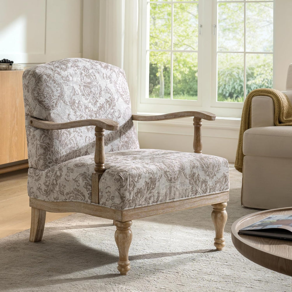 HULALA HOME Floral Accent Chair with Solid Wood Frame, Beige