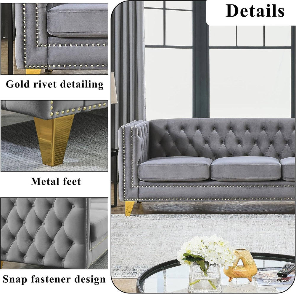 2 Piece Chesterfield Velvet Combination Sofa Set for Living Room,3-Seater and...