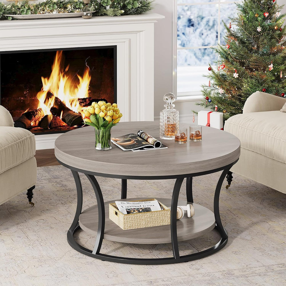 Round Coffee Table with Storage, Gray Brown/Black