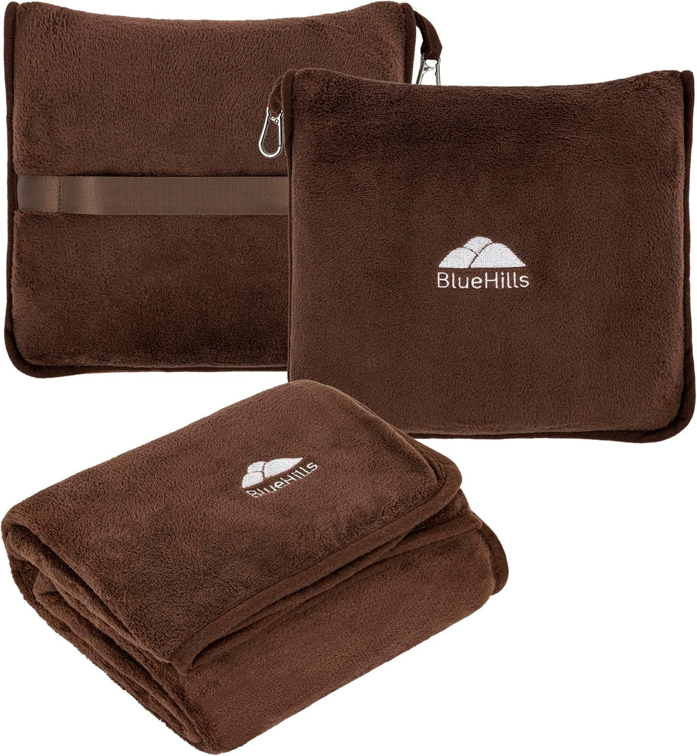 BlueHills Premium Soft Travel Blanket Pillow Air Plane Essentials - Brown