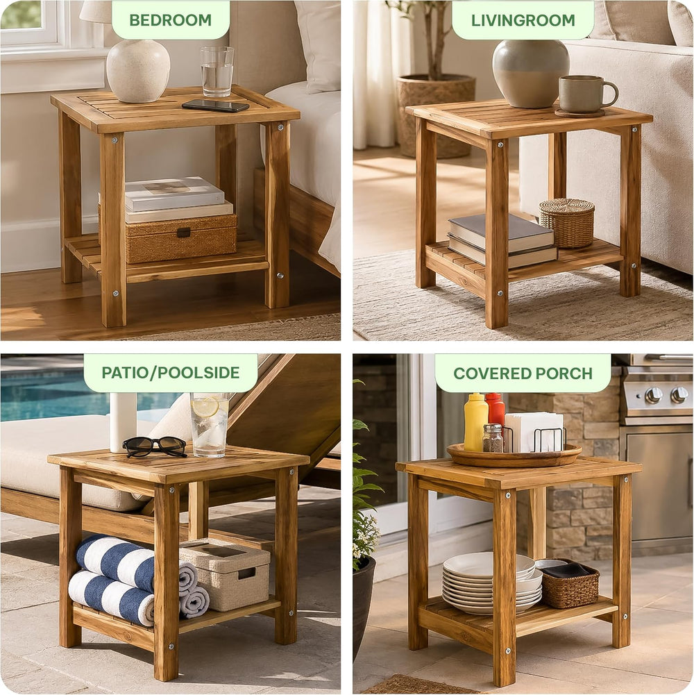 Acacia Wood Adirondack Side Table, 2-Tier Outdoor End Table - White Oak