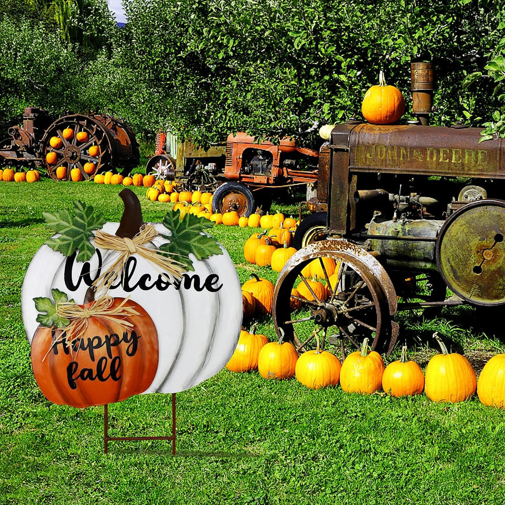 Happy Fall Decor Metal Garden Stake Stacked Pumpkin Welcome Yard Sign