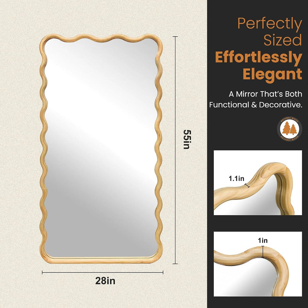 TRAHOME Wavy Wood Full Length Mirror, 55"x28" Boho Floor Mirror for...