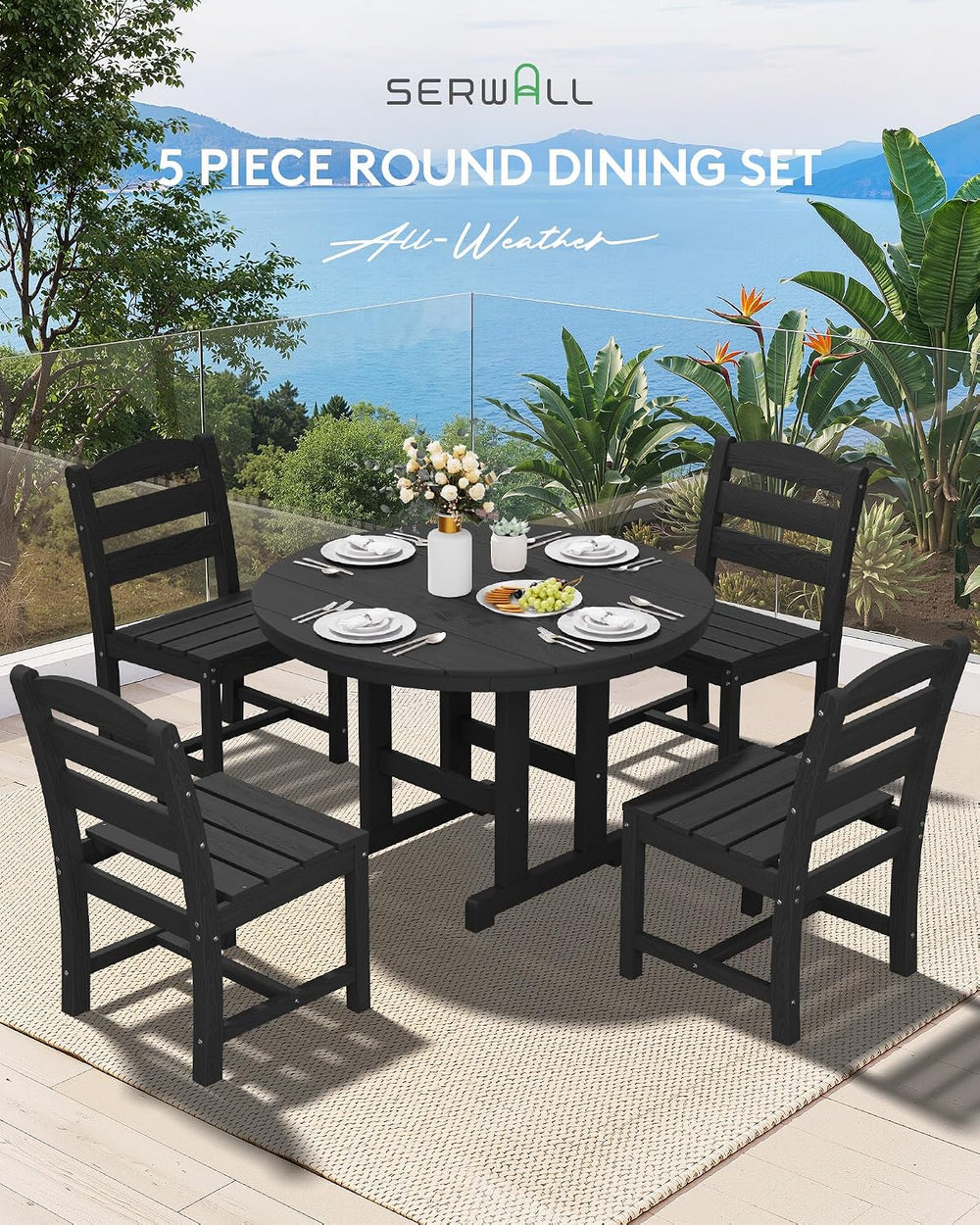 SERWALL 5-Piece Patio Dining Set, 45" Table & 4 Armless Chairs, Black