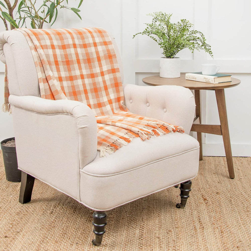 Dunmore Plaid Pumpkin Orange 100% Cotton Handwoven Accent Throw Blanket