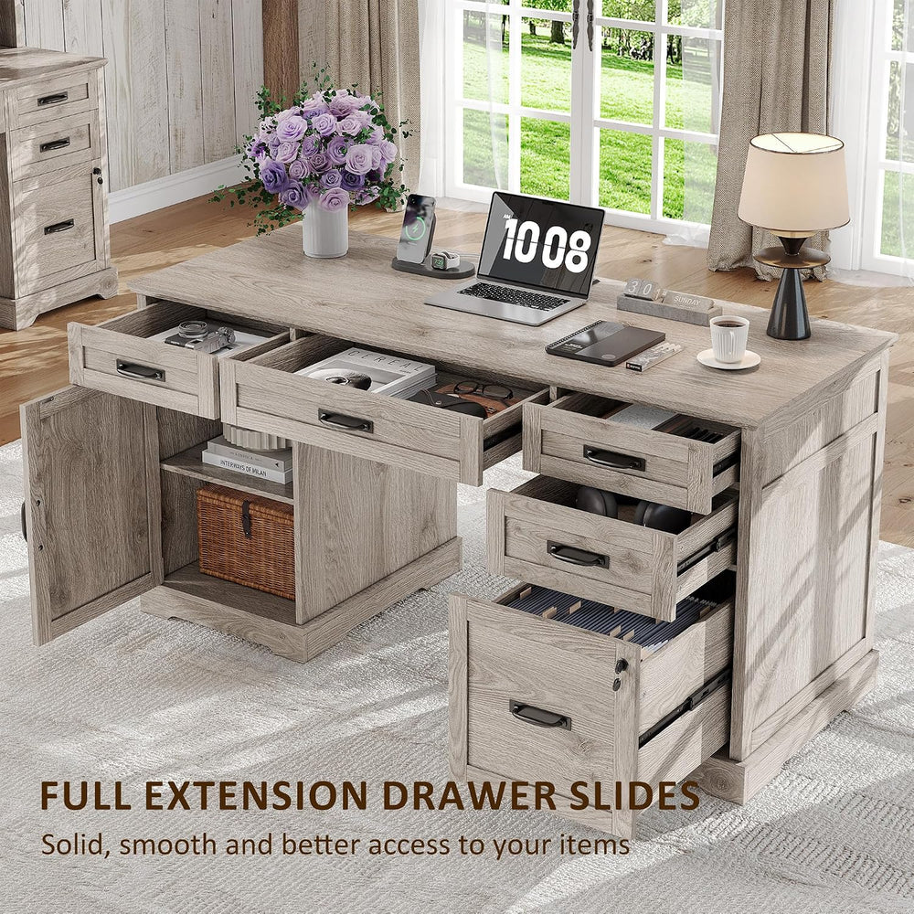 Whalefall 55'' Farmhouse Desk Home Office with Drawers, Light Gray