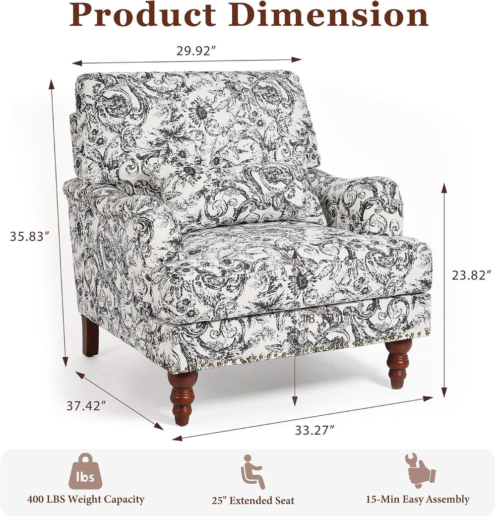 Floral Accent Chair, Chenille Upholstered Armchair, Rococo Black