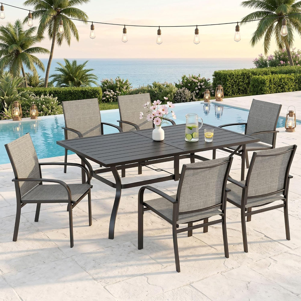 SUNSHINE VALLEY 7pc Patio Dining Set, 60" Metal Table & 6 Brown Chairs