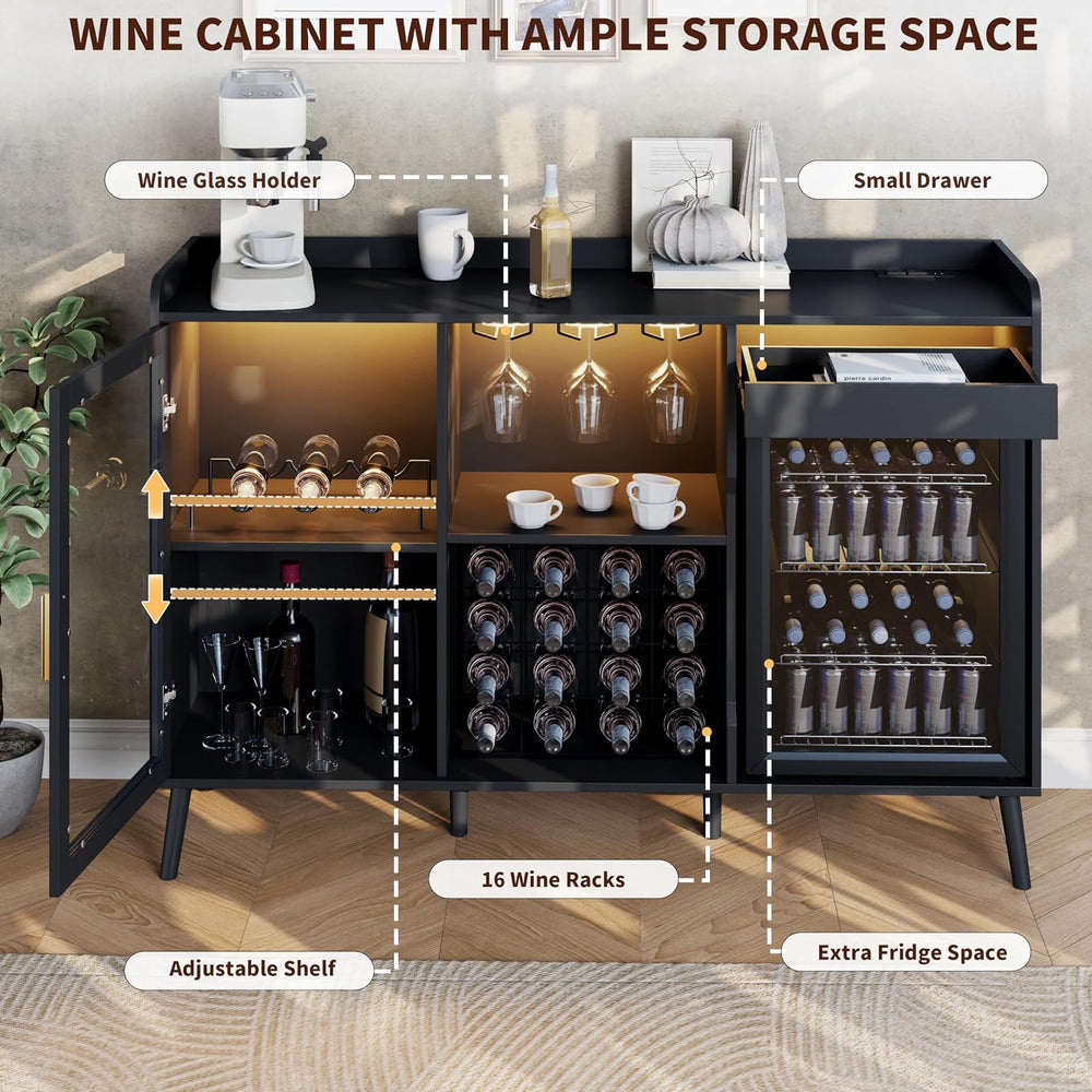 Coffee Bar Cabinet with Fridge Space, Black Wine Cabinets with Power Outlet