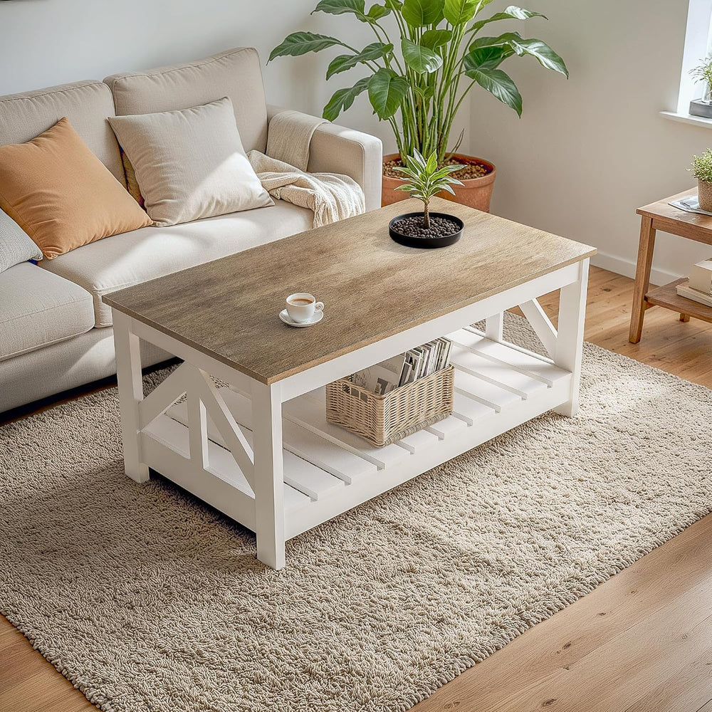 YESHOMY Farmhouse Coffee Table with Storage, Gray & White