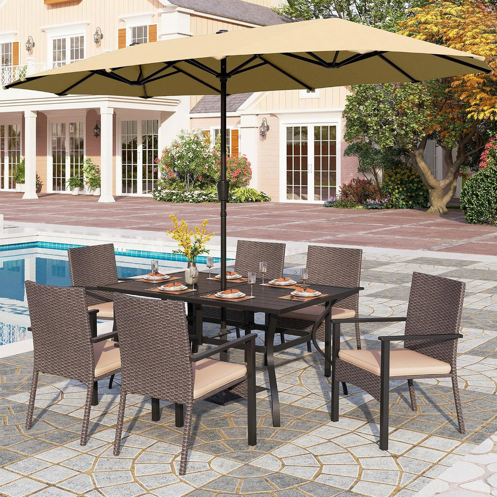 PHI VILLA 7pc Patio Dining Set with Beige Umbrella, 6 Rattan Chairs