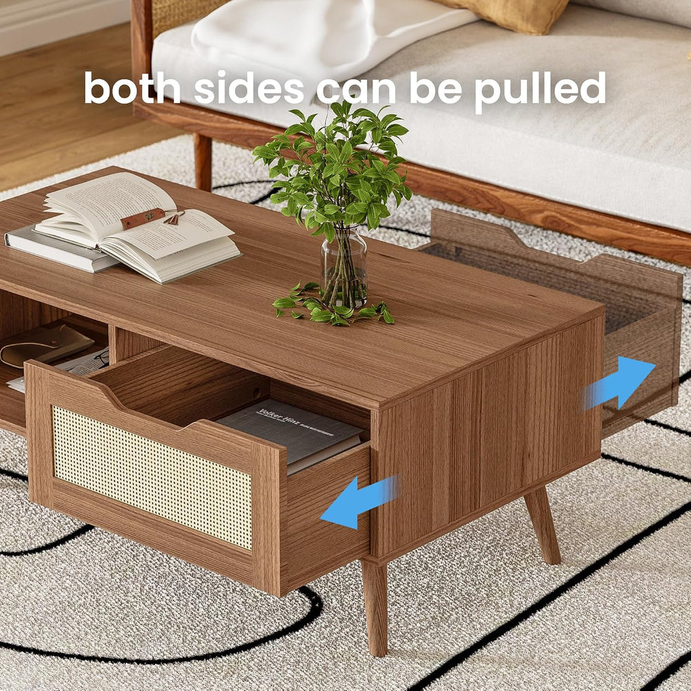 DIYART Brown Rattan Coffee Table, Mid Century Modern with Drawer & Shelf,...