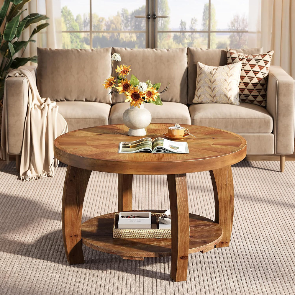 Solid Wood Round Coffee Table, 2-Tier Center Table with Storage