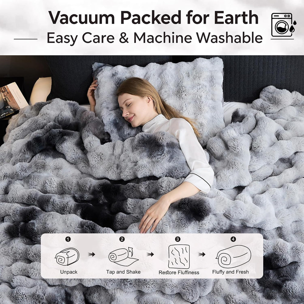 Wonderful - 3 Pieces Faux Rabbit Fur Comforter Set King Size, Grey Tie Dye Pl...