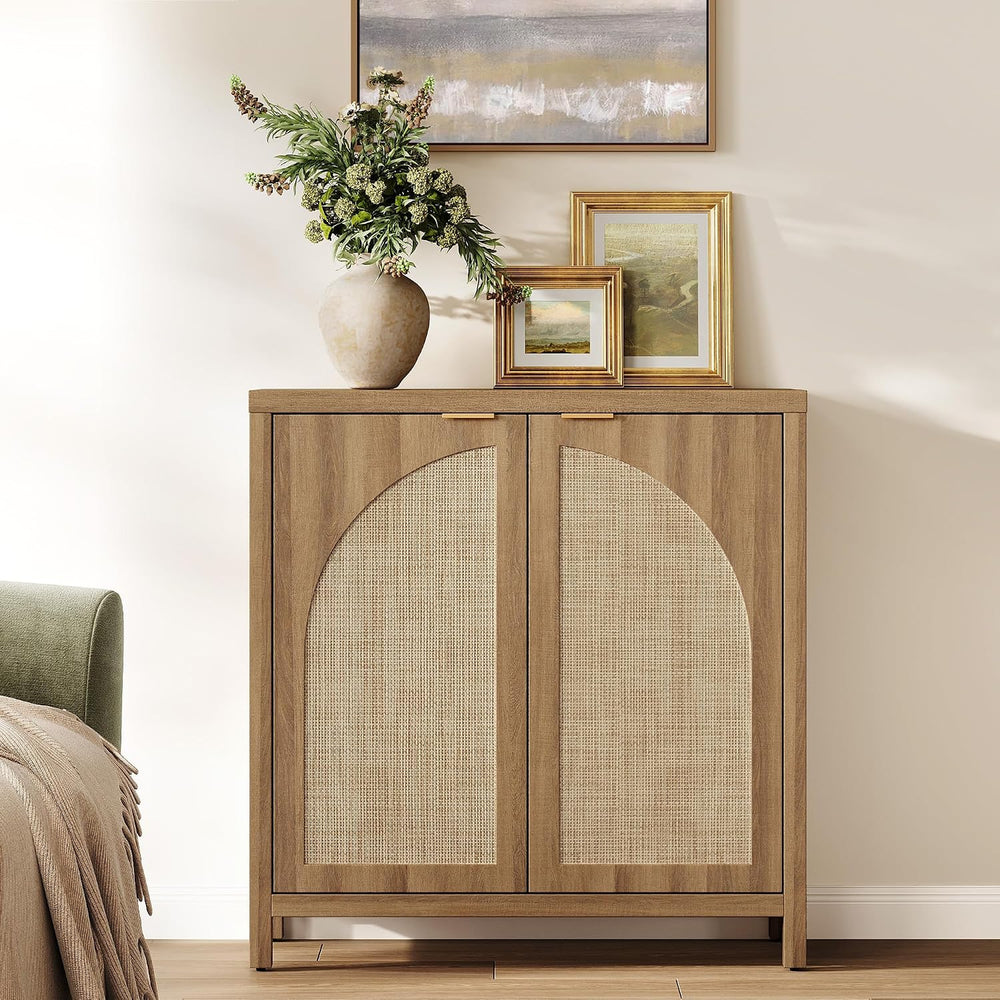 SICOTAS Rattan Sideboard Buffet Cabinet with Storage Credenza, 2 Arch Doors