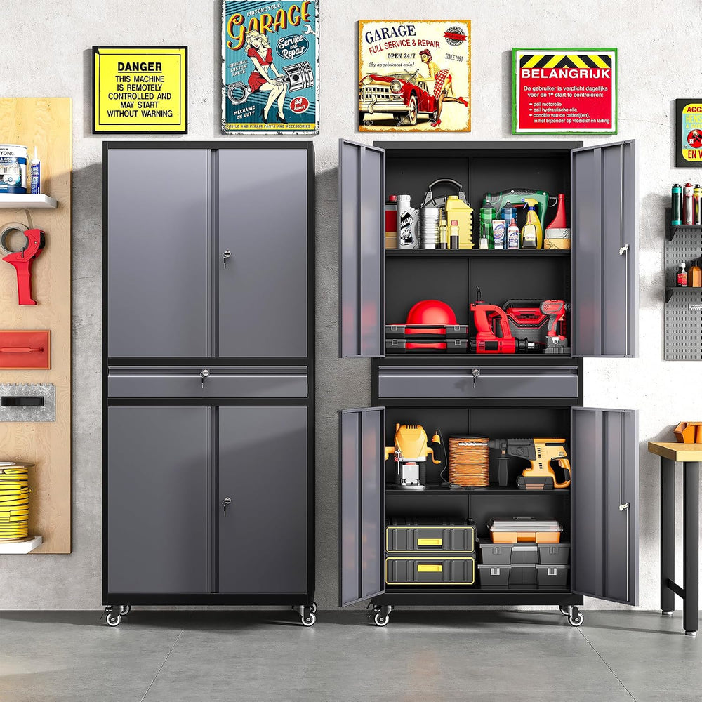 Metal Garage Storage Cabinet with Wheels and Drawer,Gray Rolling Garage Cabin...