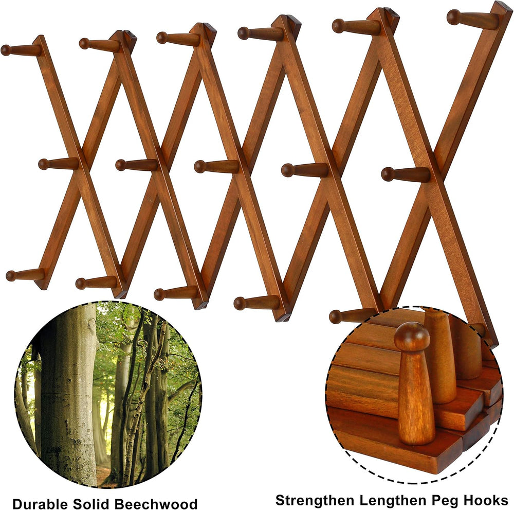 Dseap Accordian Wall Hanger: 16” High Wooden Wall Expandable Coat Rack, Hat R...