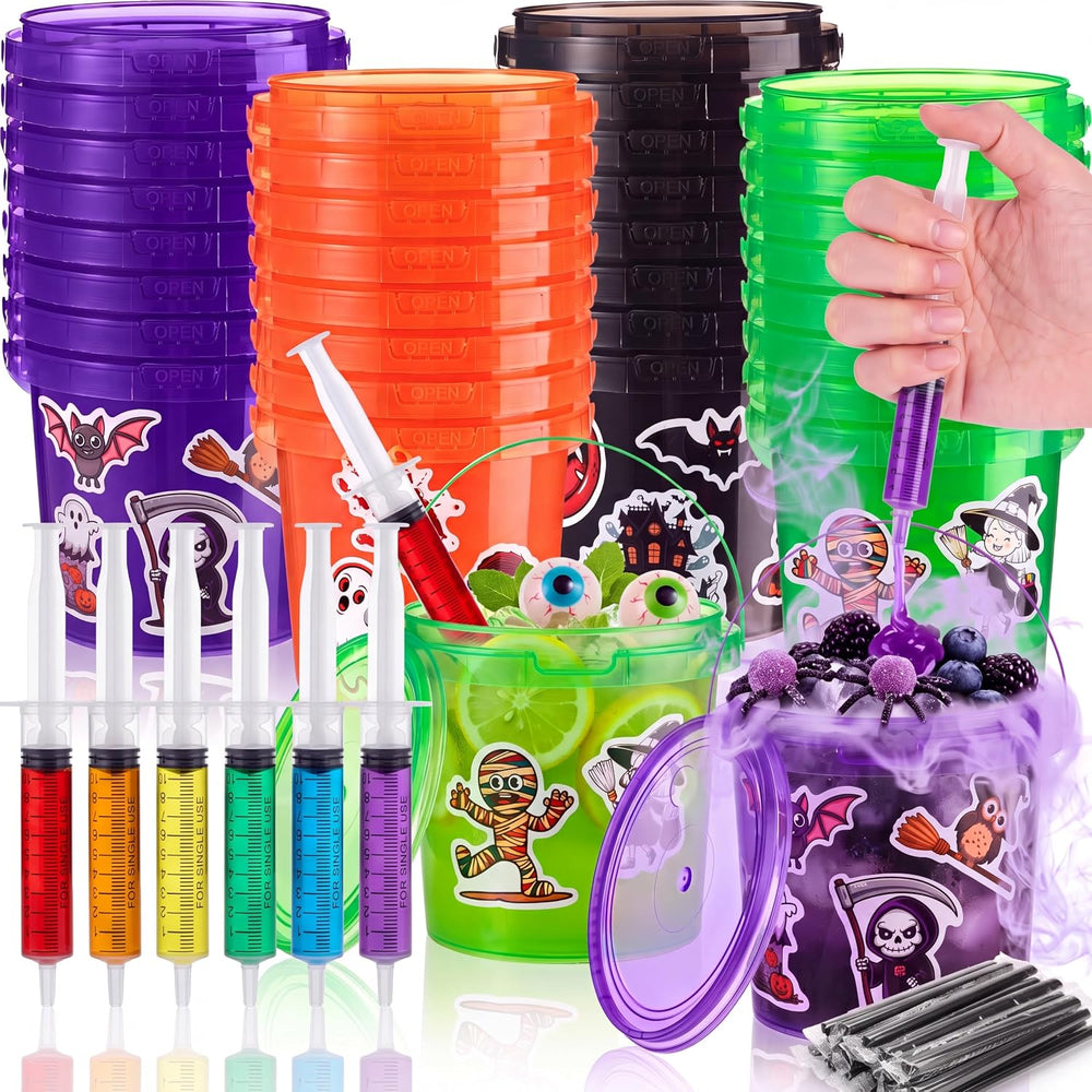 Funnymoom 16 Set Halloween Drink Bucket Cups with Lids and Straw, 34oz