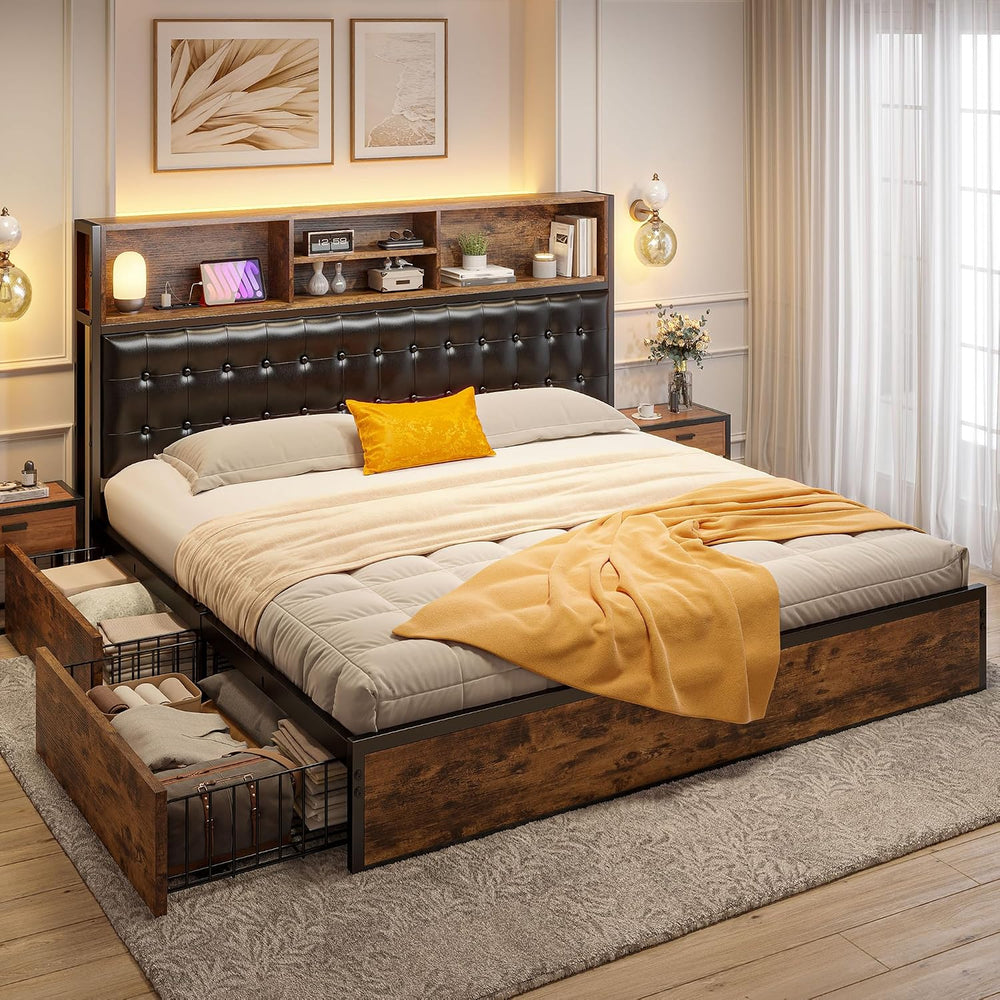 EnHomee King Size Bed Frame with 4 Drawers & Charge Station, Vintage Brown