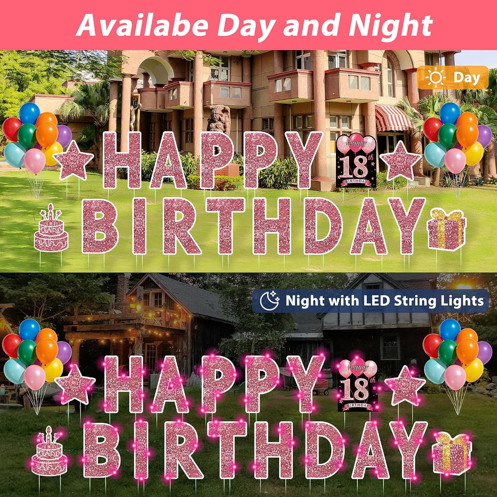 18 Pcs Happy Birthday Yard Sign with Stakes, Pink Happy Birthday Yard Sign wi...