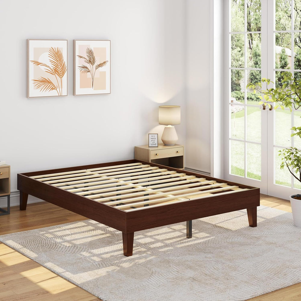 Yaheetech Queen Size Solid Wood Platform Bed Frame Low-Profile Dark Walnut