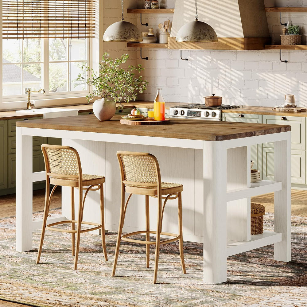 63" Solid Wood Kitchen Island with Storage Shelves, White & Brown