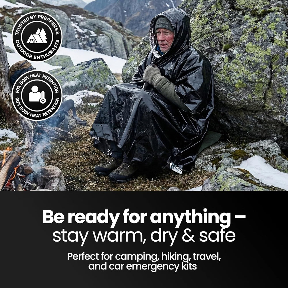 Wallaby Mylar Rain Ponchos, Heavy Duty Survival Shell (4-Pack, Black)