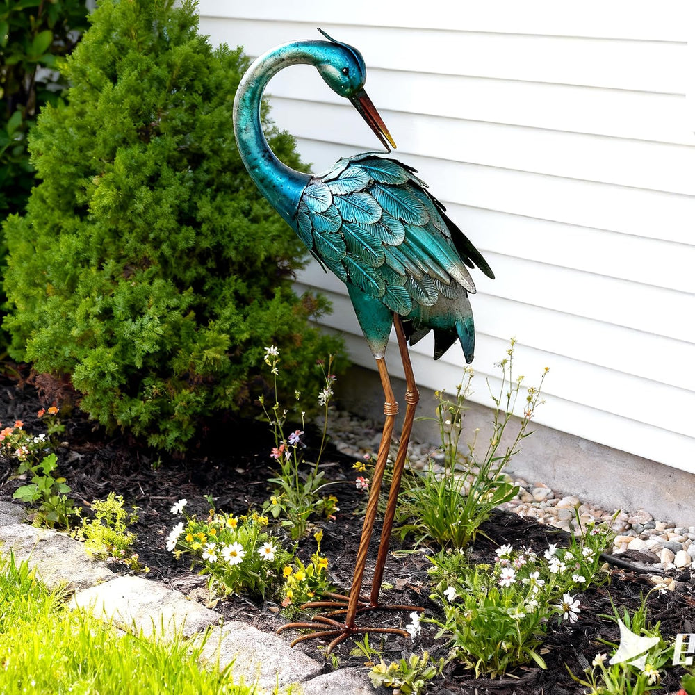 chisheen Crane Garden Statues, Metal Garden Crane Outdoor, Blue Heron Sculptu...
