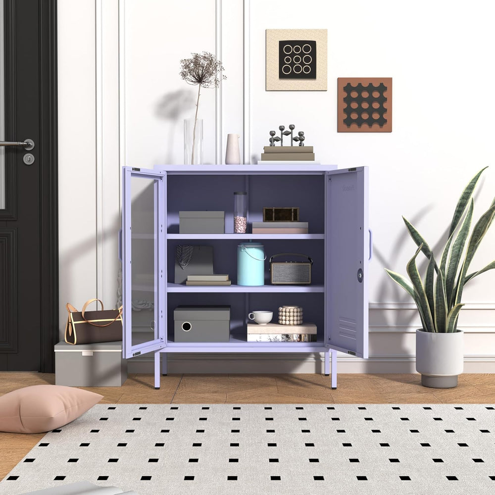 Purple Lockable Glass & Metal Door Storage Cabinet, 3-Tier Freestanding L...