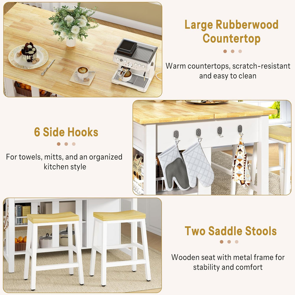 DynJest 47" Solid Rubberwood Top Kitchen Island with Storage, 2 Bar Stools