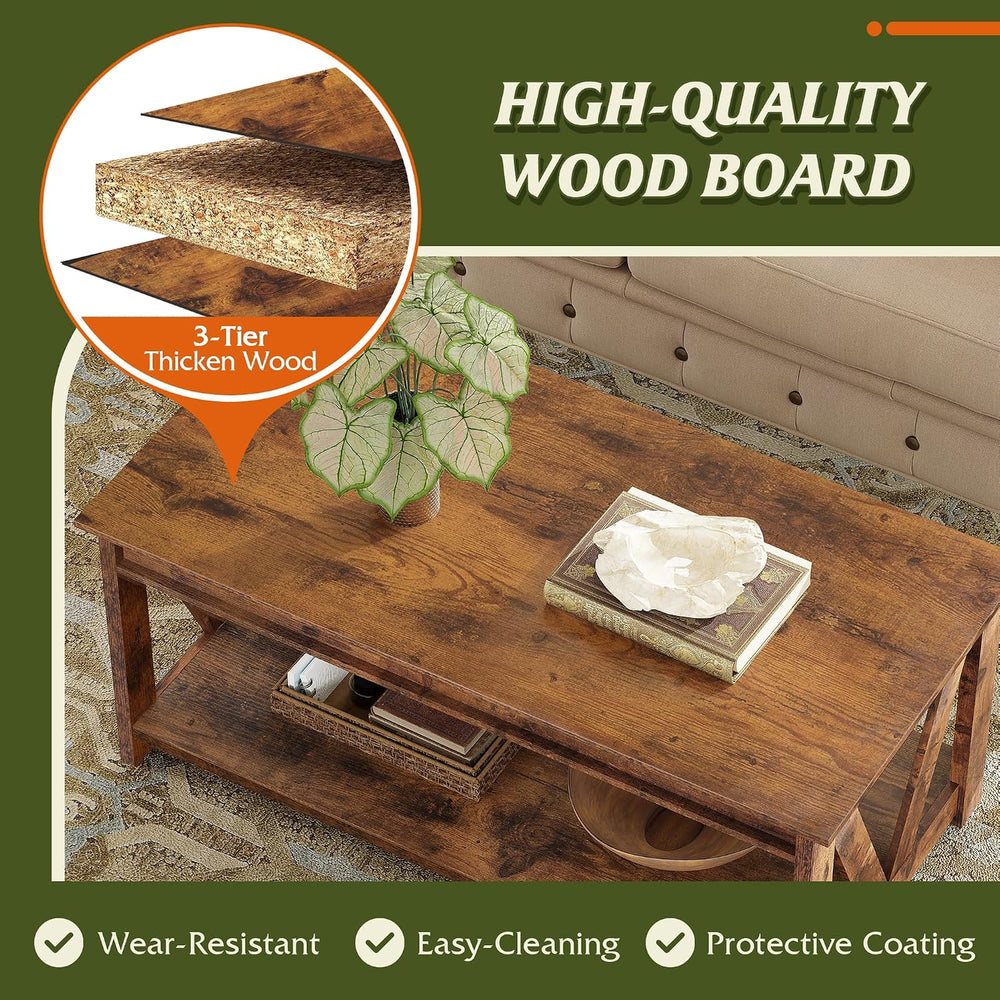 WLIVE Coffee Table, 43.3 Inch Farmhouse Table with Storage, Rustic Brown