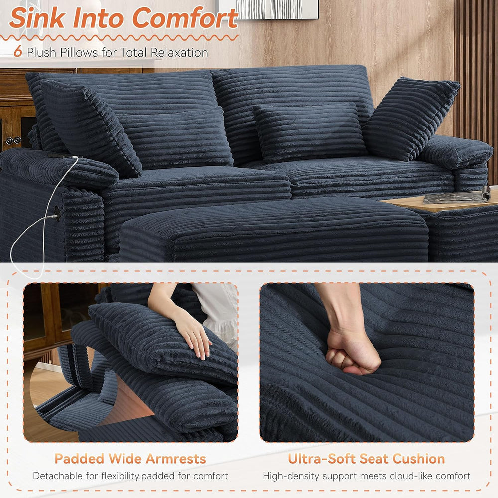 75" Corduroy Loveseat with Storage Ottoman, Cloud Deep Seat Couch with C...