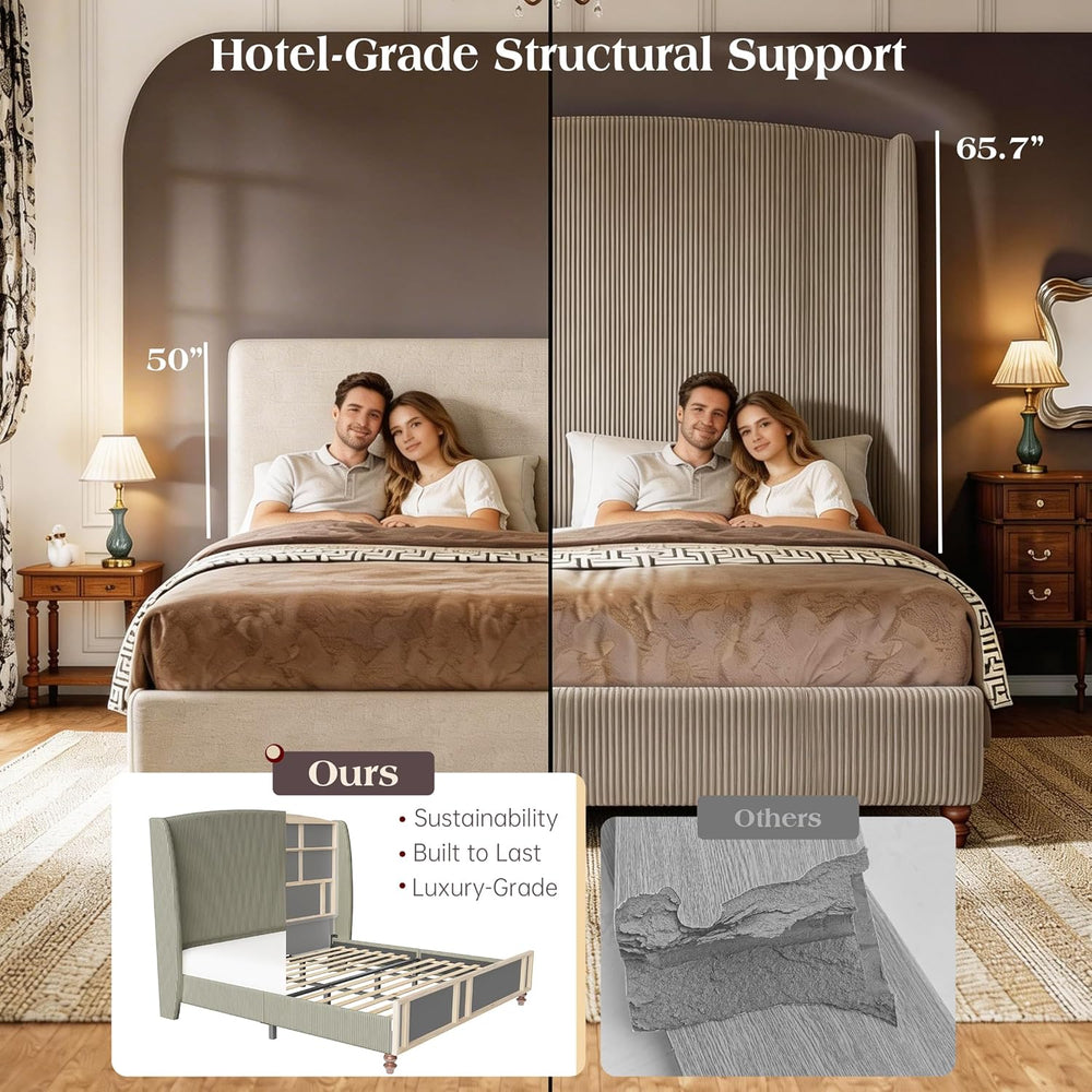 King Size Upholstered Platform Bed Frame with 66" Tall Headboard, Gray