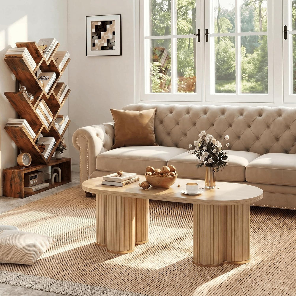 YOSHOOT Oval Fluted Coffee Tables for Living Room, 47" Wood Coffee Table...