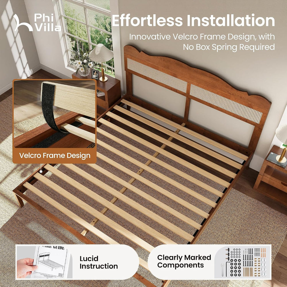 PHI VILLA Solid Wood King Size Bed Frame with Adjustable Headboard