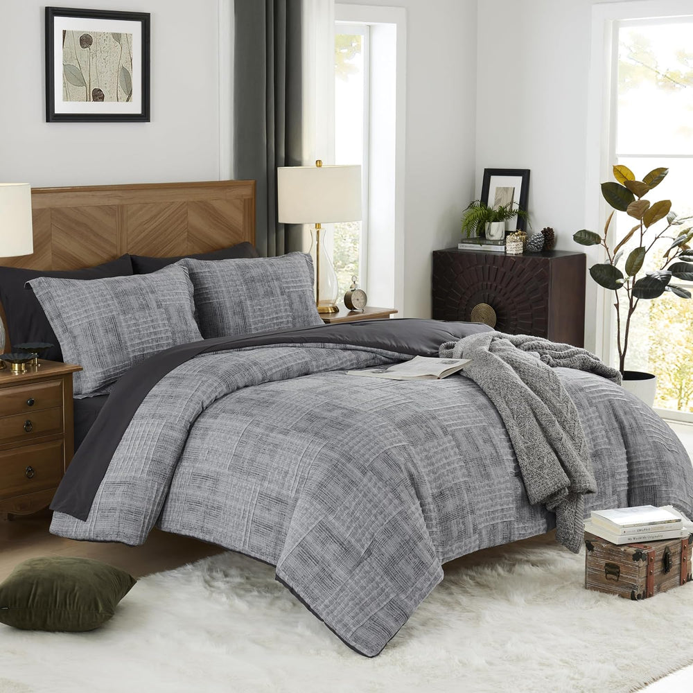 MaiRêve Queen Comforter Set Crinkle Textured Charcoal Grey Bedding 7 Pieces