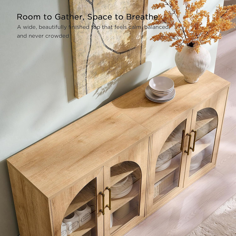 ACCOHOHO Glass Arched Door Sideboard Buffet Cabinet, Natural Oak