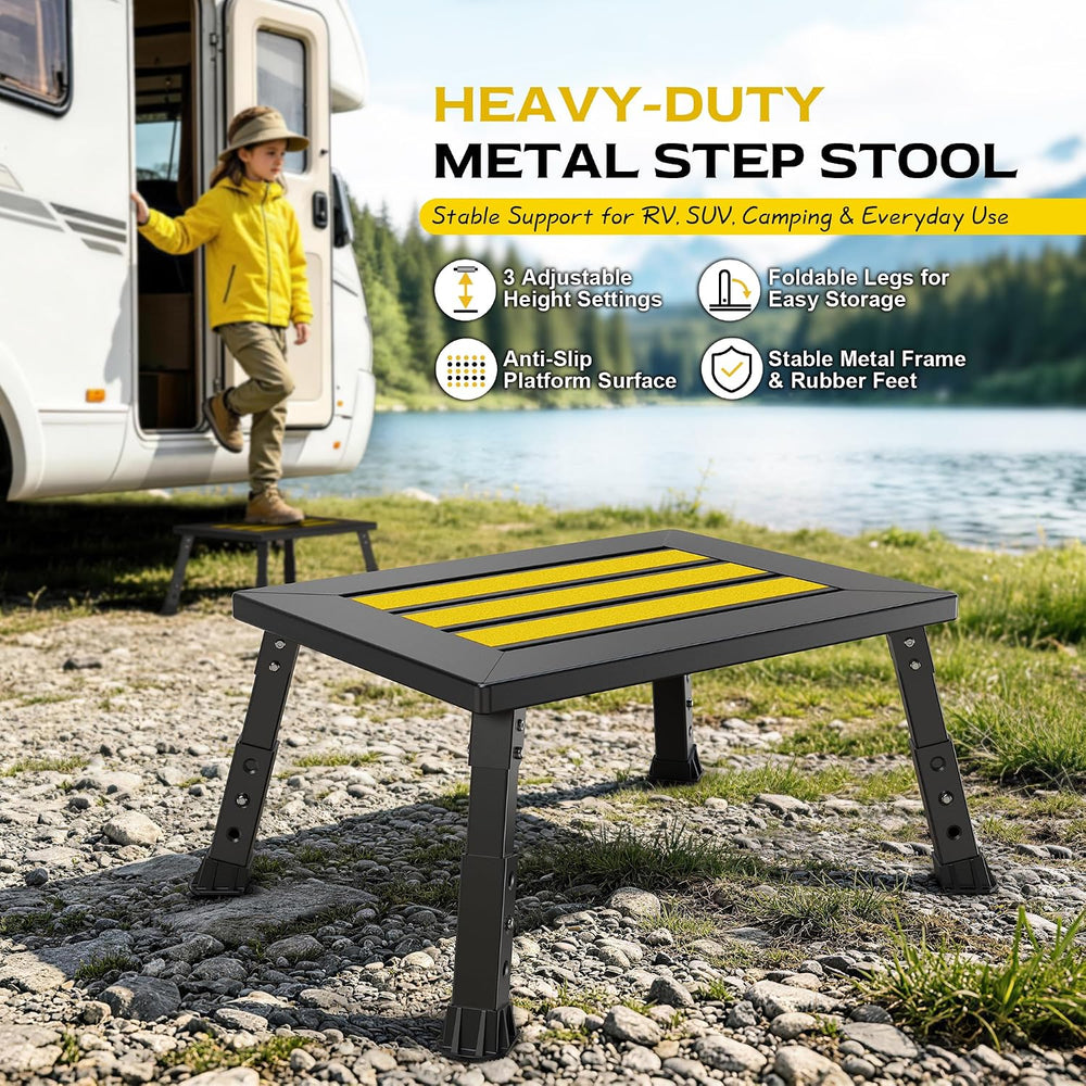 Adjustable RV Step Stool, 17" x 13" Wide Platform, Foldable Legs