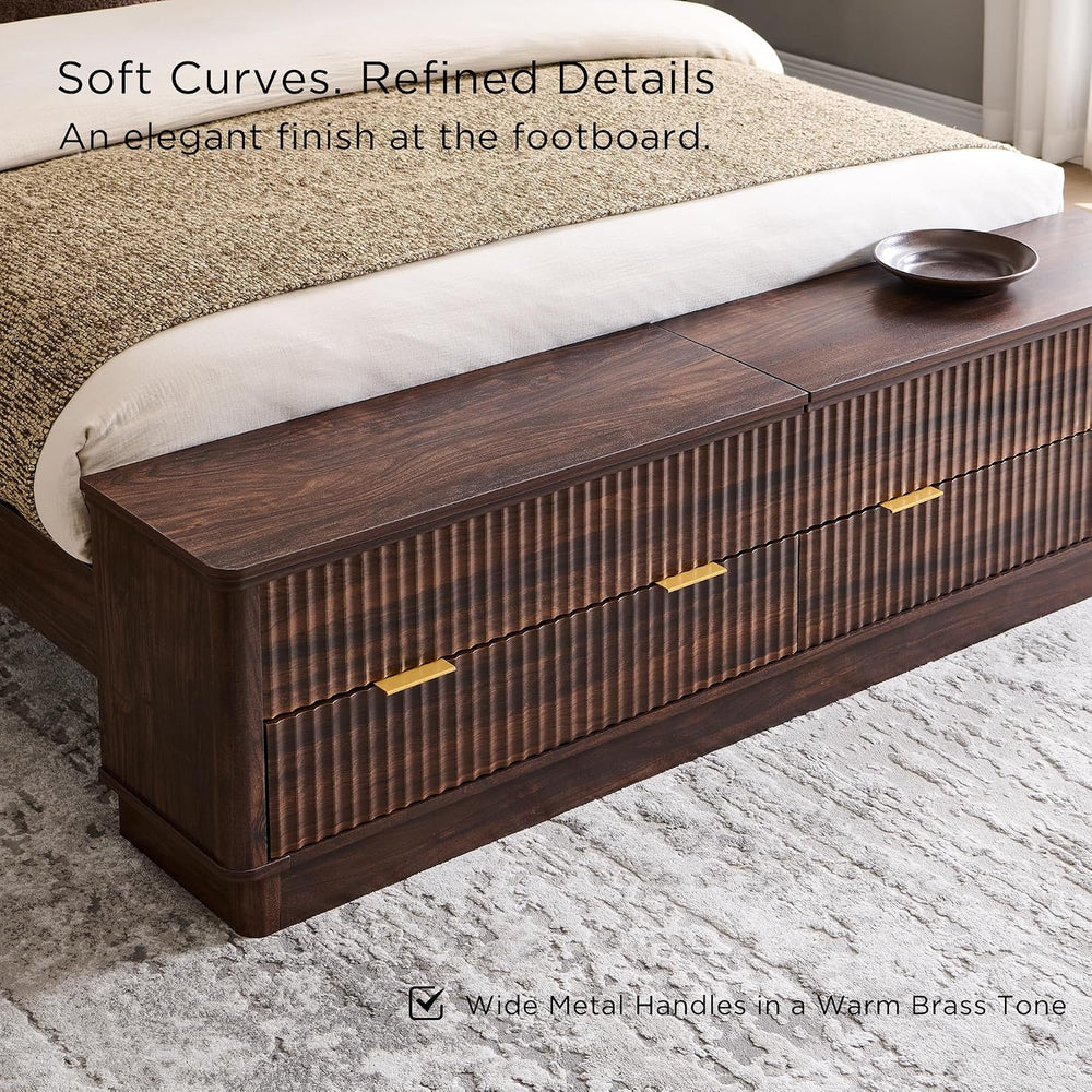 T4TREAM Fluted Queen Bed with Headboard and Storage Bench, Dark Walnut