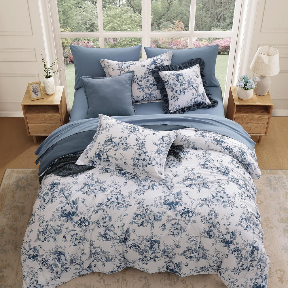 BLOOMHAVEN Queen Comforter Set-7 Pieces Blue Floral Bed in a Bag Queen