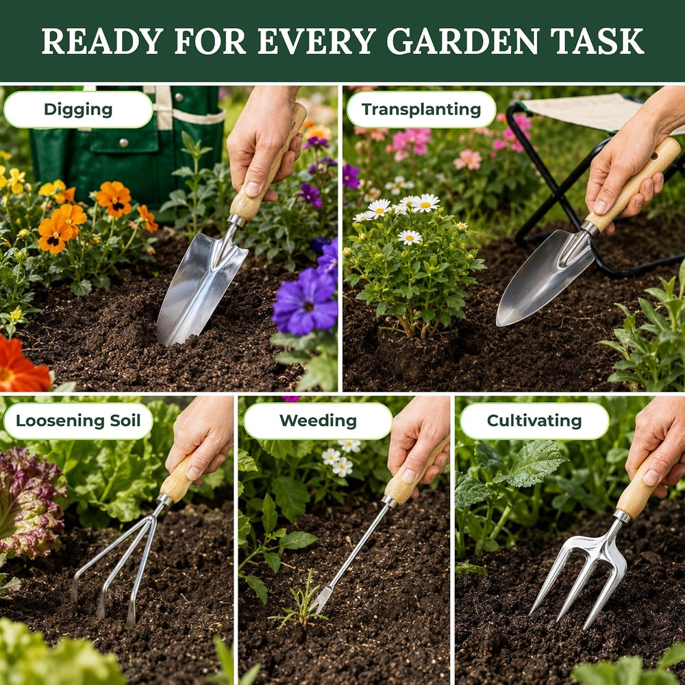 GardenHOME 7-Piece Garden Tool Set with Folding Stool & Storage Tote