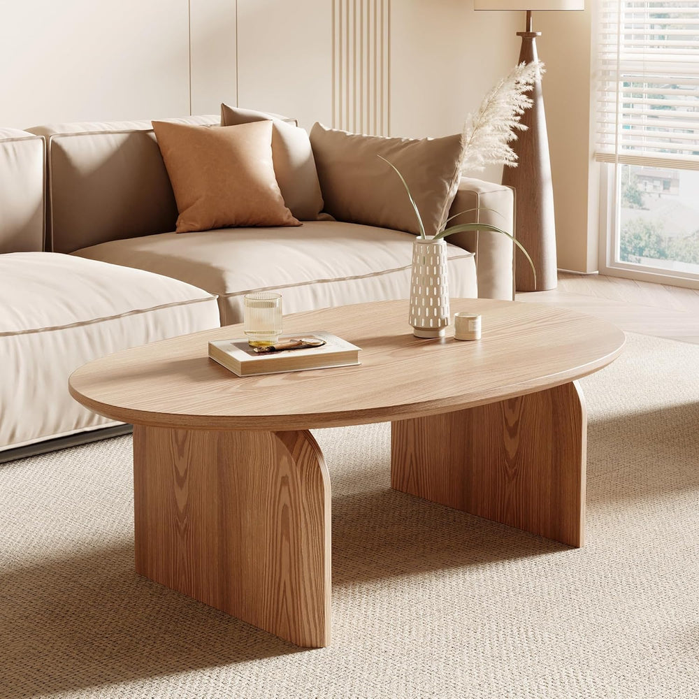 Honyee Small Oval Coffee Table, Oak Veneer Top with Solid Legs, Natural