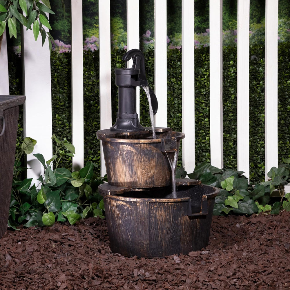 Alpine Corporation 27" Tall Rustic Outdoor 2-Tier Barrel Pump Water Foun...