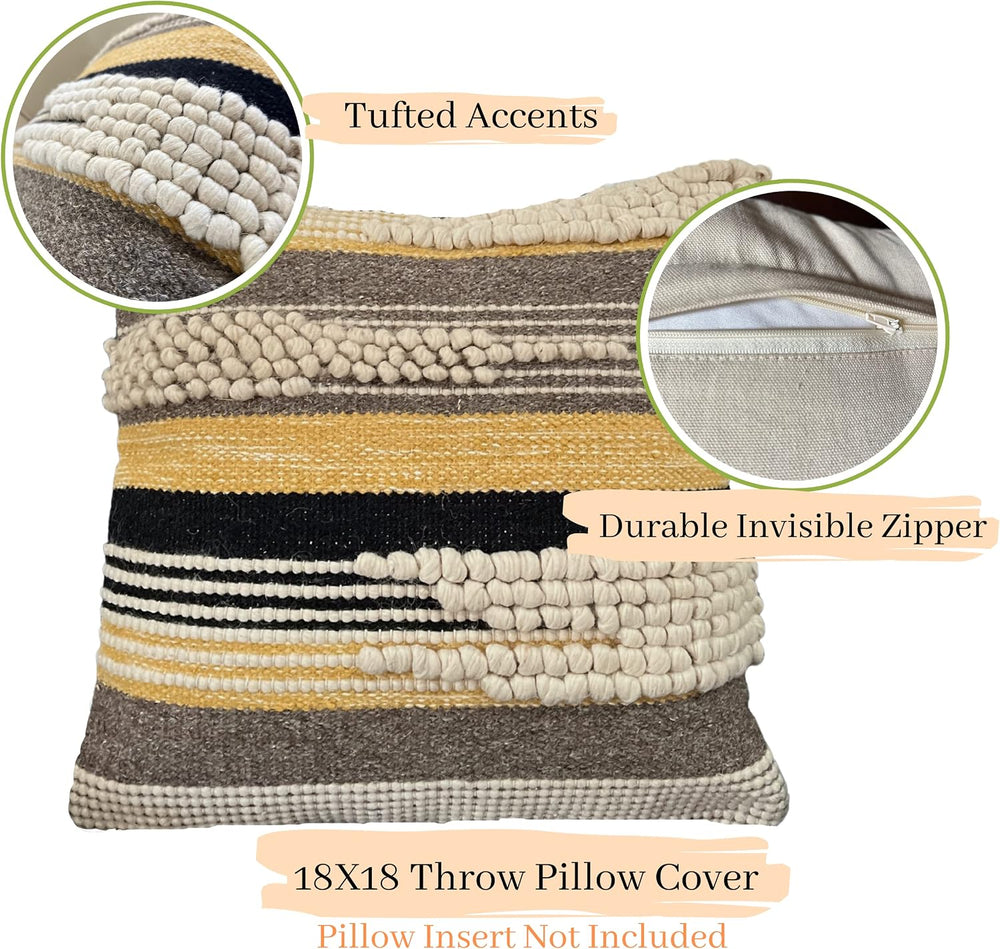 Boho Pillow Cover 18x18 Textured Throw Pillow Cover Black/Yellow Handwoven Tu...