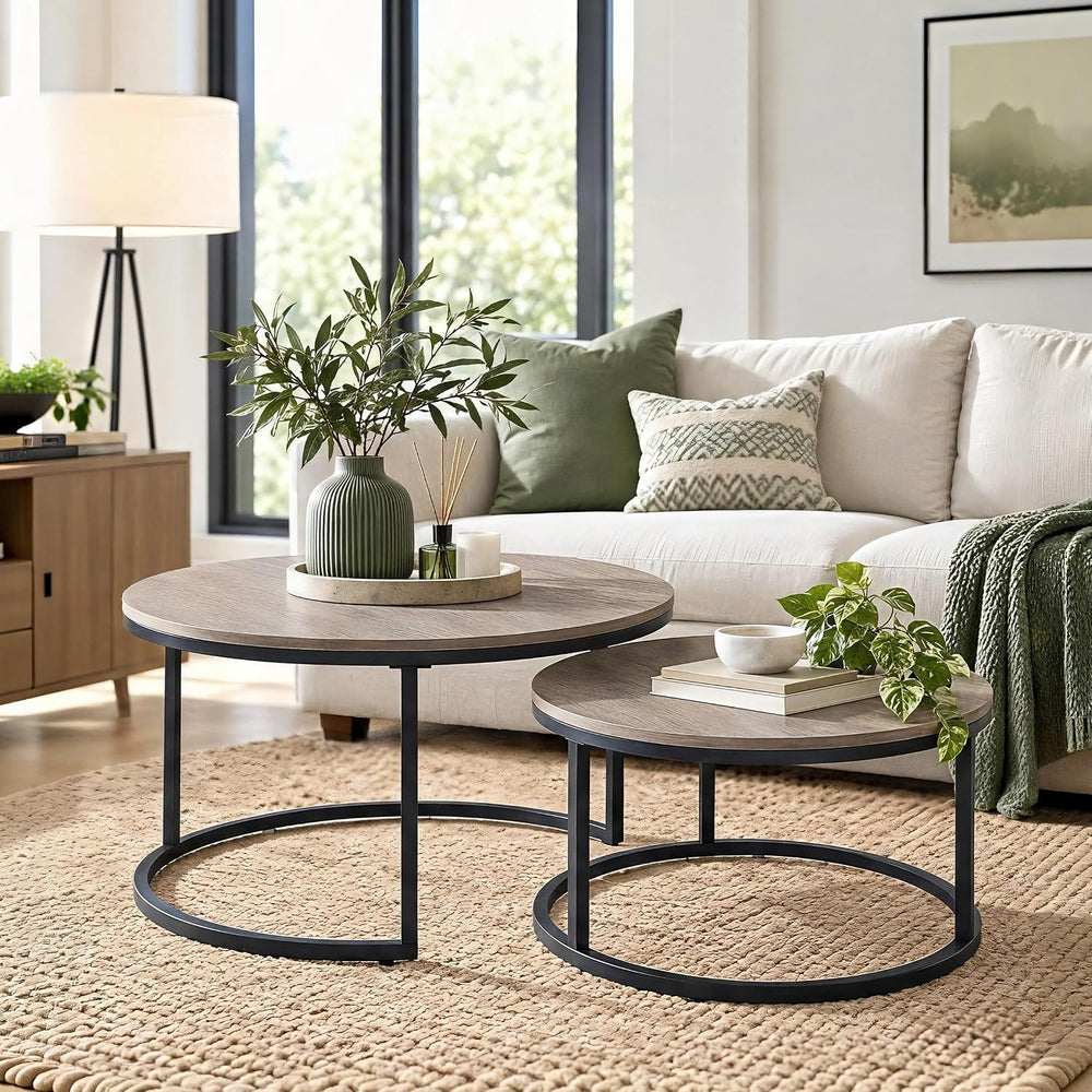 31.5" Round Nesting Coffee Table, Grey Wash Oak Finish
